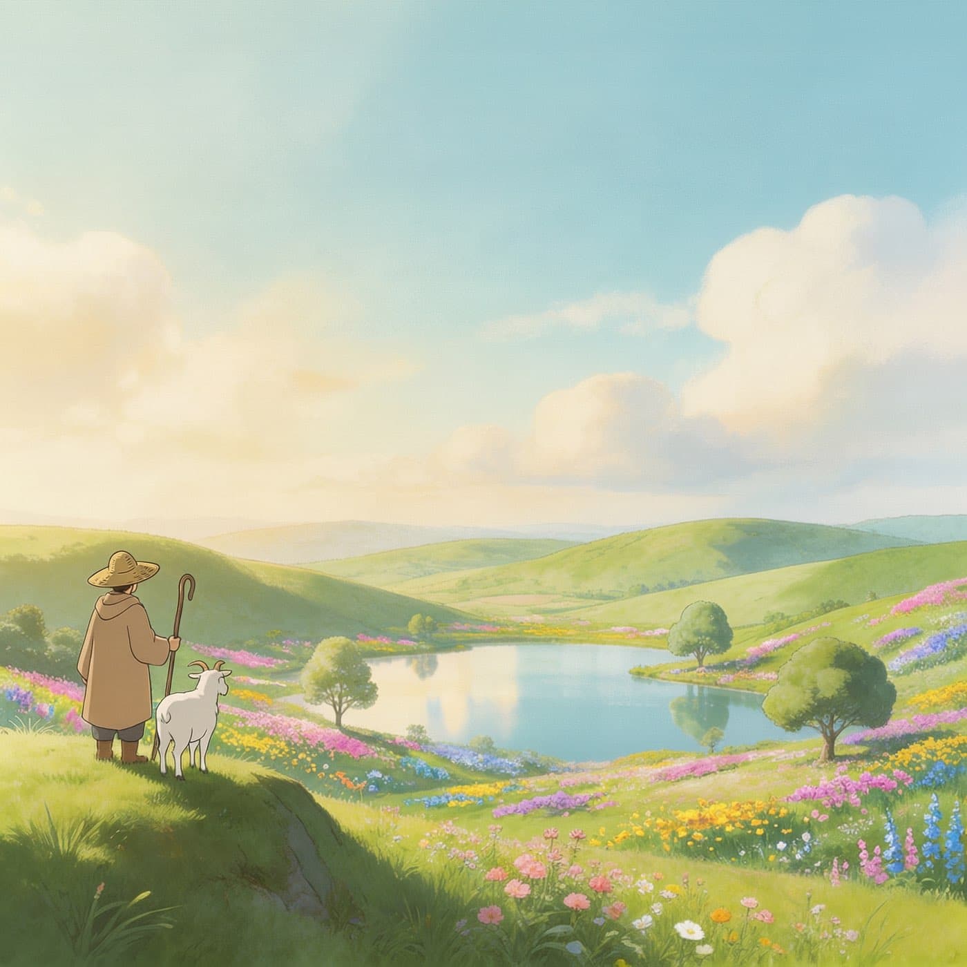 Illustrated landscape with shepherd and goat overlooking an oasis